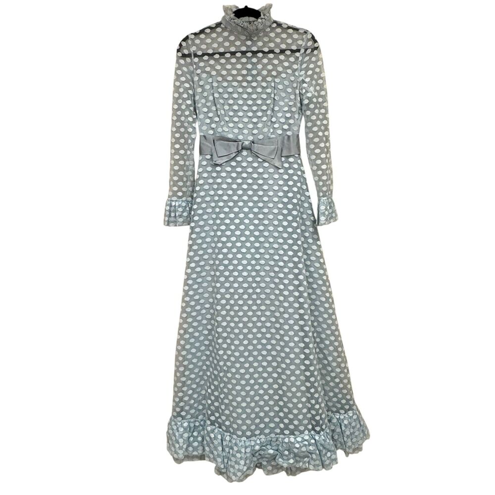 1970's Neiman Marcus Richilene Long Sleeve Sheer Polka Dot Maxi Dress Blue